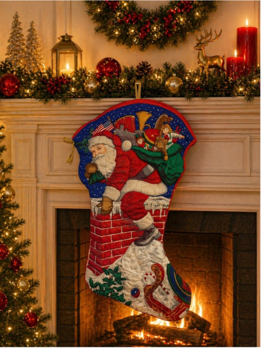 Vintage Cranston “Santa Has Arrived” Jumbo Quilted Christmas Stocking 30” USA